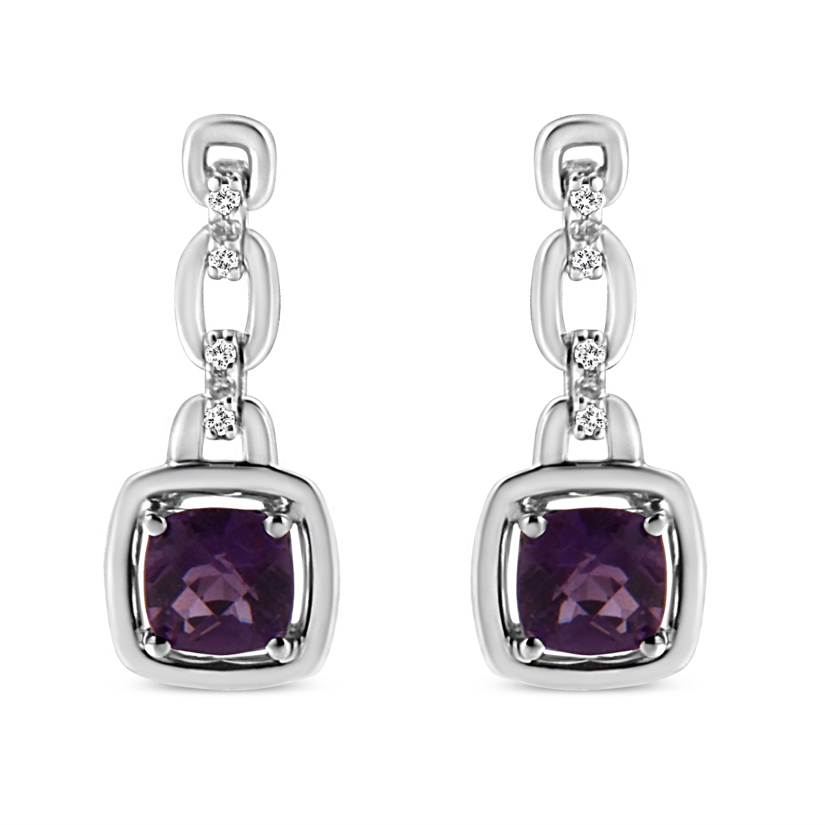 White .925 Sterling Silver 6 x 6 mm Cushion Shaped Natural Purple Amethyst & Diamond Accent Drop & Dangle Earrings, I-J Color - I1-I2 Clarity
