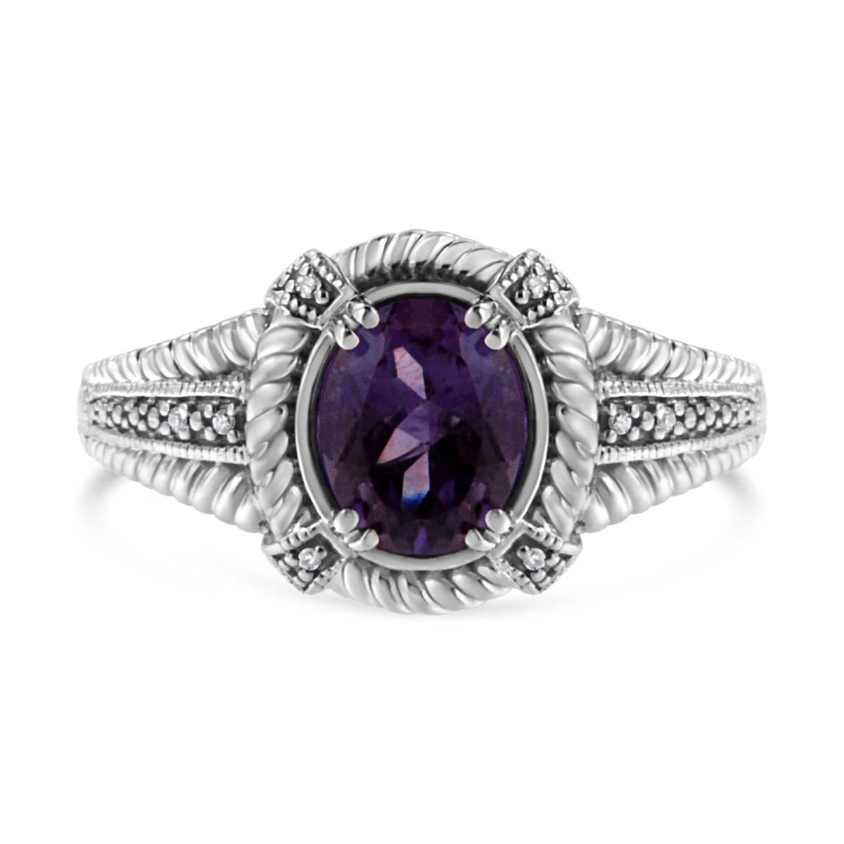 Picture of Infinite Jewels 018953R900 White .925 Sterling Silver Prong Set Natural Oval Shape 9 x 7 mm Purple Amethyst Solitaire & Diamond Accent Ring&#44; I-J Color - I1-I2 Clarity - Ring Size 9