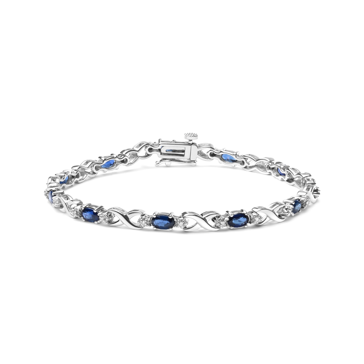020330BASH 10K White Gold 5 x 4 mm Oval Sapphire Gemstone & 0.1 CTTW Diamond Prong Set X Link Bracelet - Size 7 in., H-I Color - SI1-SI2 Clarity