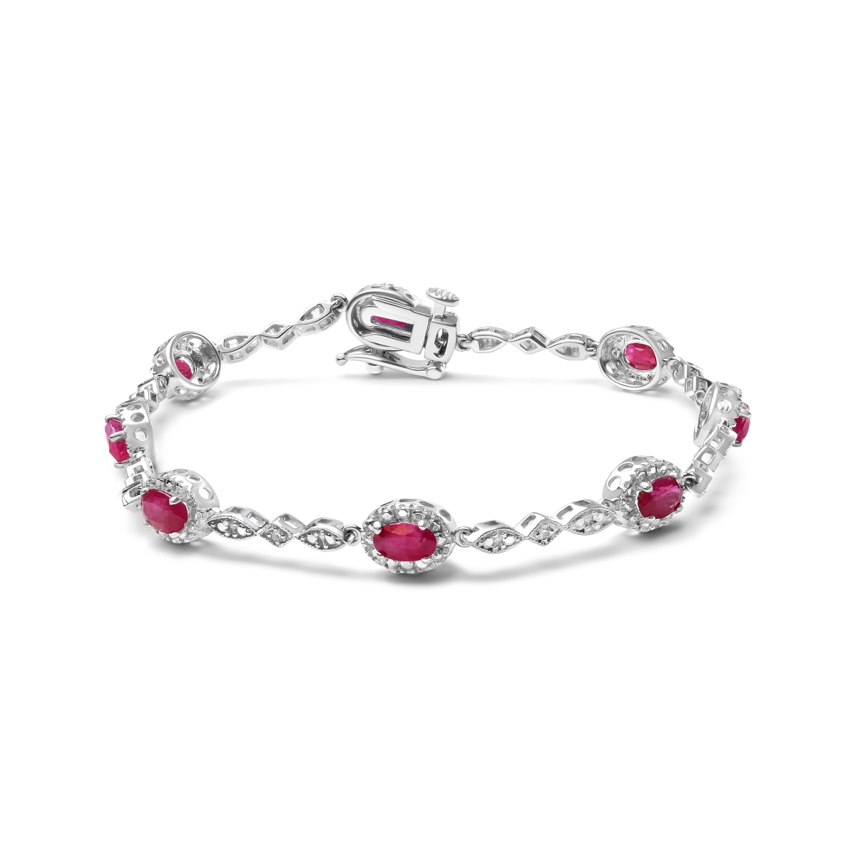 020332BASH 10K White Gold 4.5 mm x 3 mm Oval Ruby & Diamond Link Bracelet, H-I Color - SI1-SI2 Clarity - Size 7 in.