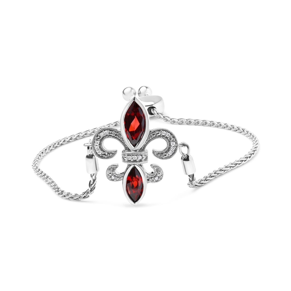 White .925 Sterling Silver Marquise Garnet & Diamond Accent Lariat 4-10 in.Fleur De Lis Adjustable Bolo Bracelet, H-I Color - SI1-SI2 Clarity
