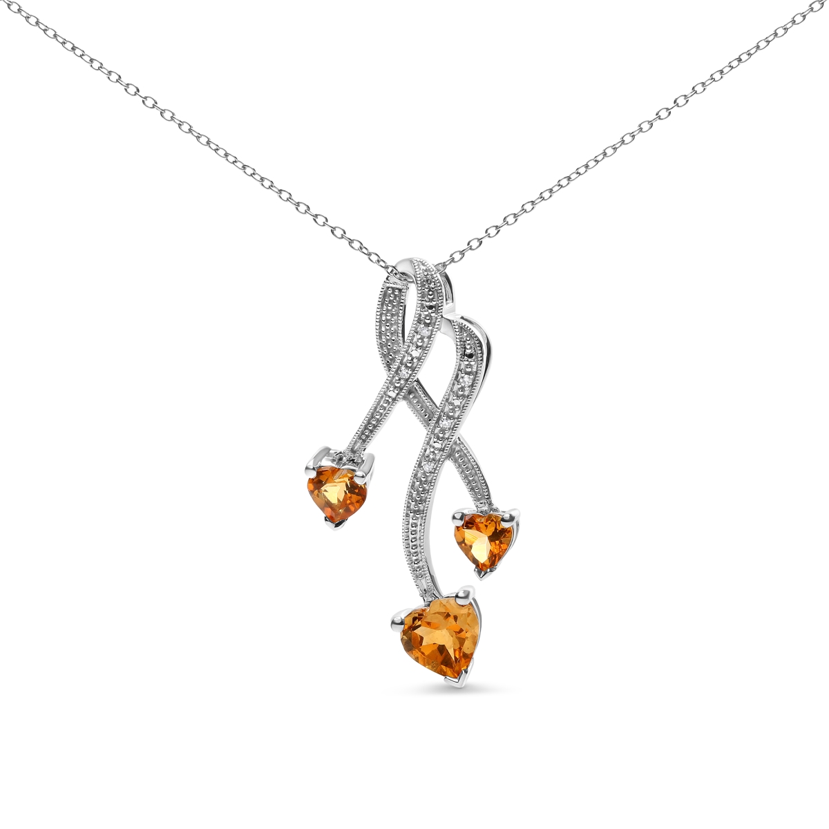 White .925 Sterling Silver 3-Stone Heart Shape Citrine & Diamond Accent Spiral Drop 18 in. Pendant Necklace, H-I Color - SI1-SI2 Clarity