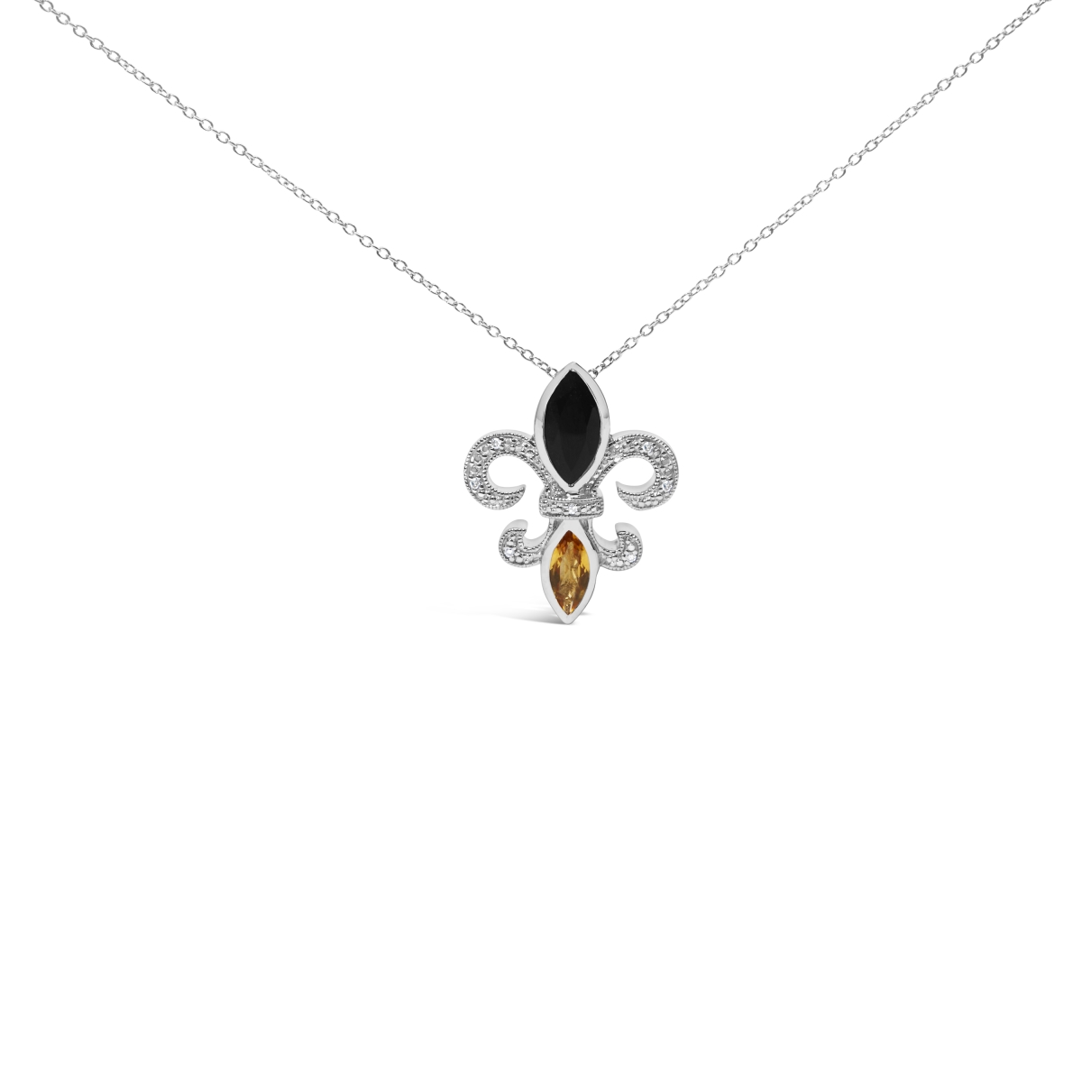 White .925 Sterling Silver Marquise Onyx & Citrine & Diamond Accent Fleur De Lis Pendant Necklace, H-I Color - SI1-SI2 Clarity - 18 in.
