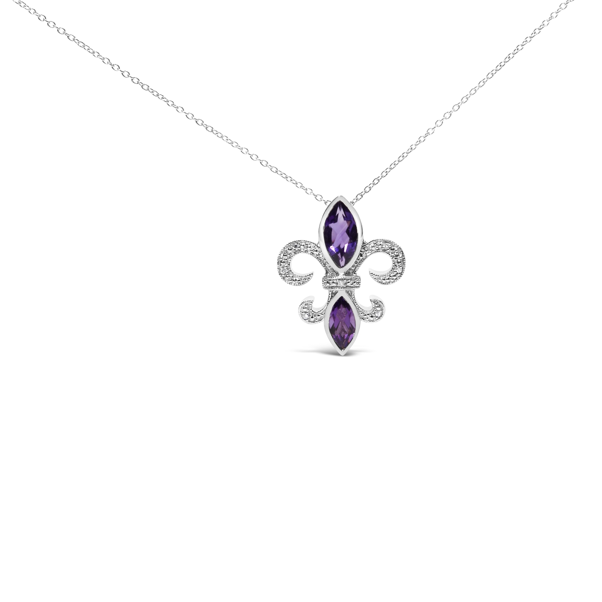 White .925 Sterling Silver Purple Amethyst Marquise & Diamond Accent Fleur De Lis Pendant Necklace, H-I Color - SI1-SI2 Clarity - Size 18 in.