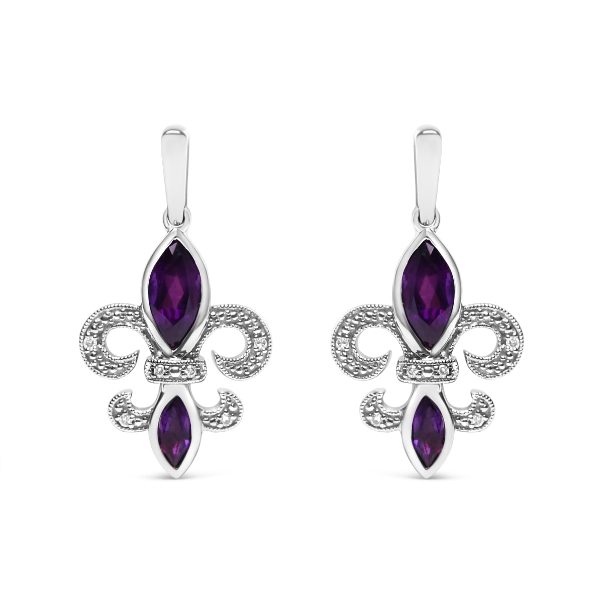 020345EASH White .925 Sterling Silver Marquise Cut Amethyst & Diamond Accent Fleur De Lis Dangle Stud Earrings, H-I Color - SI1-SI2 Clarity