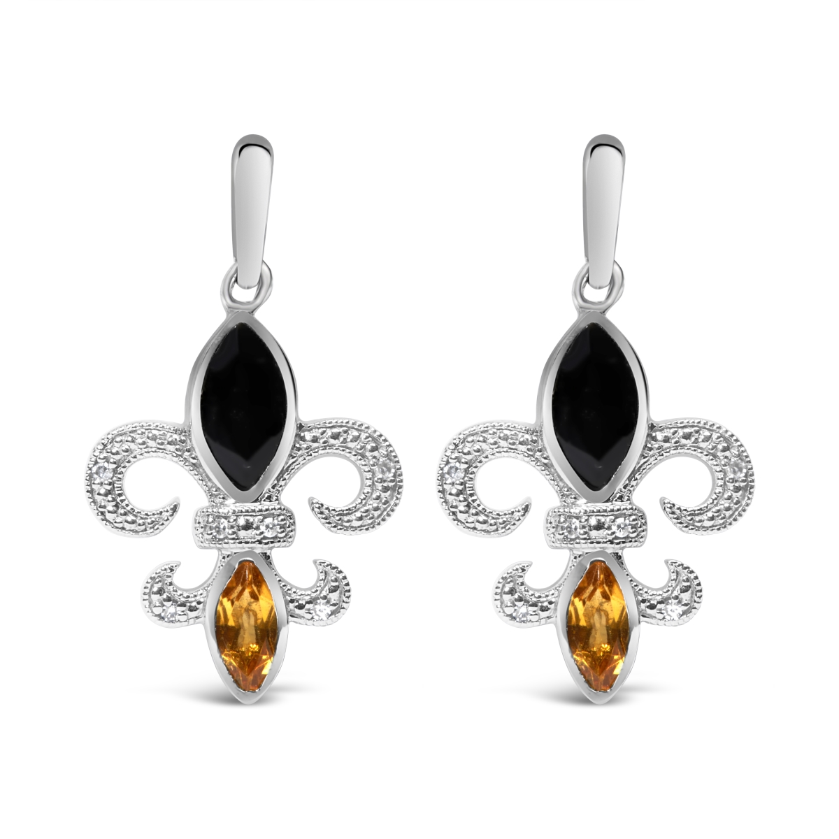 White .925 Sterling Silver Marquise Cut Onyx & Citrine with Diamond Accent Fleur De Lis Drop Stud Earrings, H-I Color - SI1-SI2 Clarity