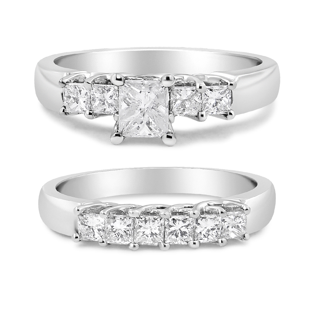 Picture of Infinite Jewels 44-2180WDM 14K White Gold 1.50 CTTW 5 Stone Princess Diamond Engagement Wedding Ring Set&#44; H-I Color - SI2-I1 Clarity - Ring Size 7