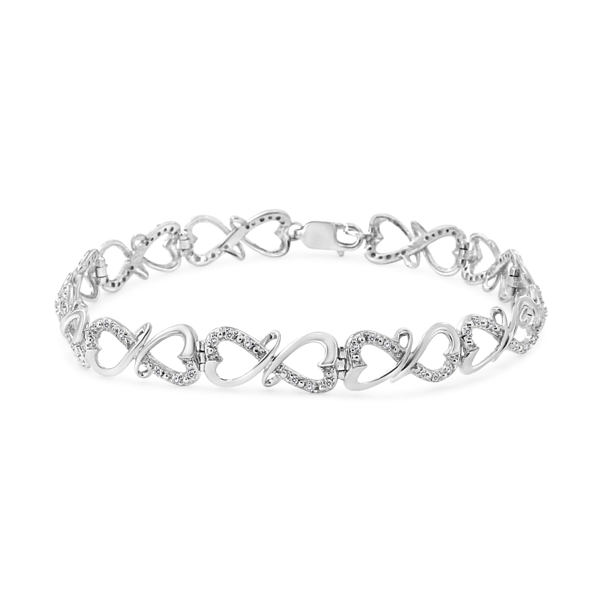 60-7385WDM White .925 Sterling Silver 0.33 CTTW Round-Cut Diamond Double Heart Infinity Link 7.25 in. Bracelet, H-I Color - I3 Clarity