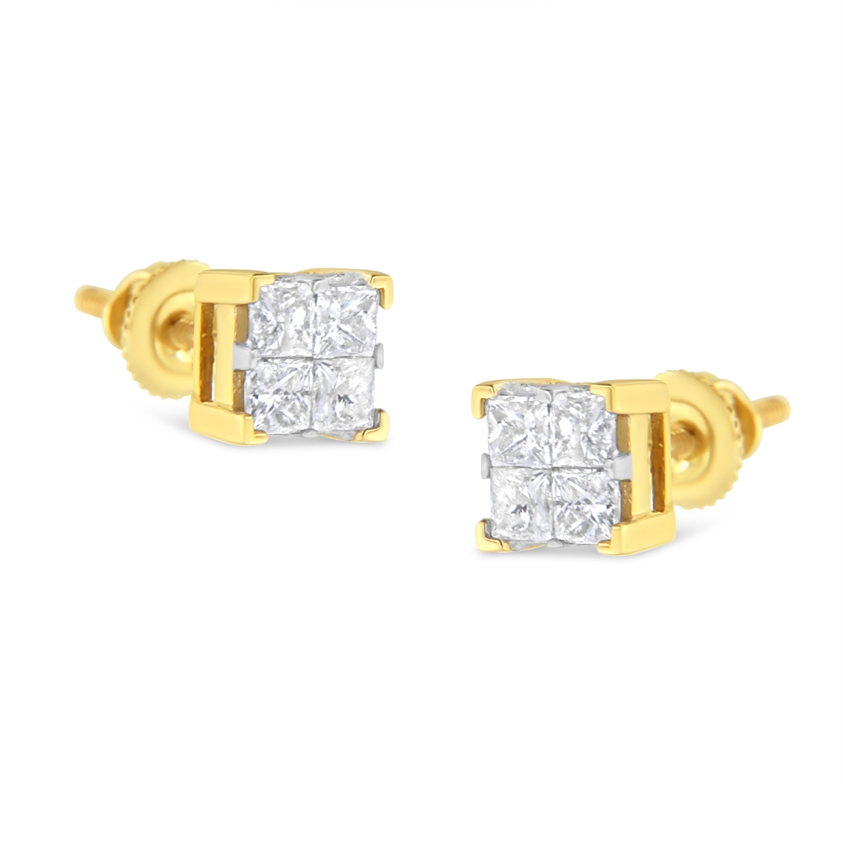 10K Yellow Gold 0.75 CTTW Invisible Set Princess-Cut Diamond Composite Square Stud Earrings, I-J Color - I2-I3 Clarity