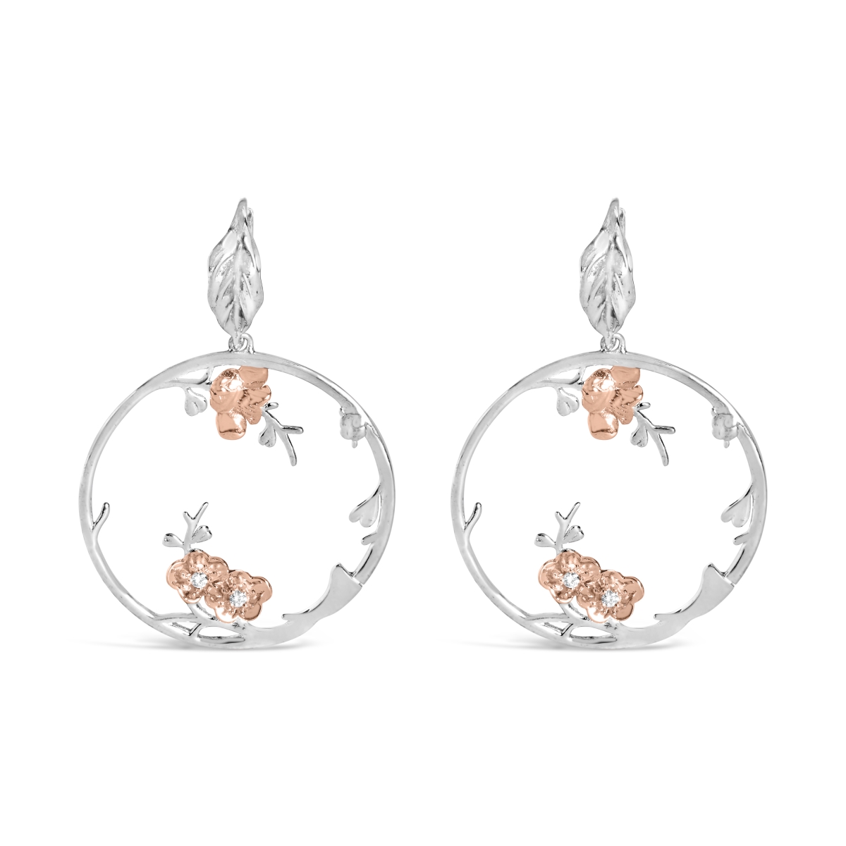 022029ES33 Rose Gold Plated 0.925 Sterling Silver 0.1 CTTW Diamond Floral Hoop Earrings for Women
