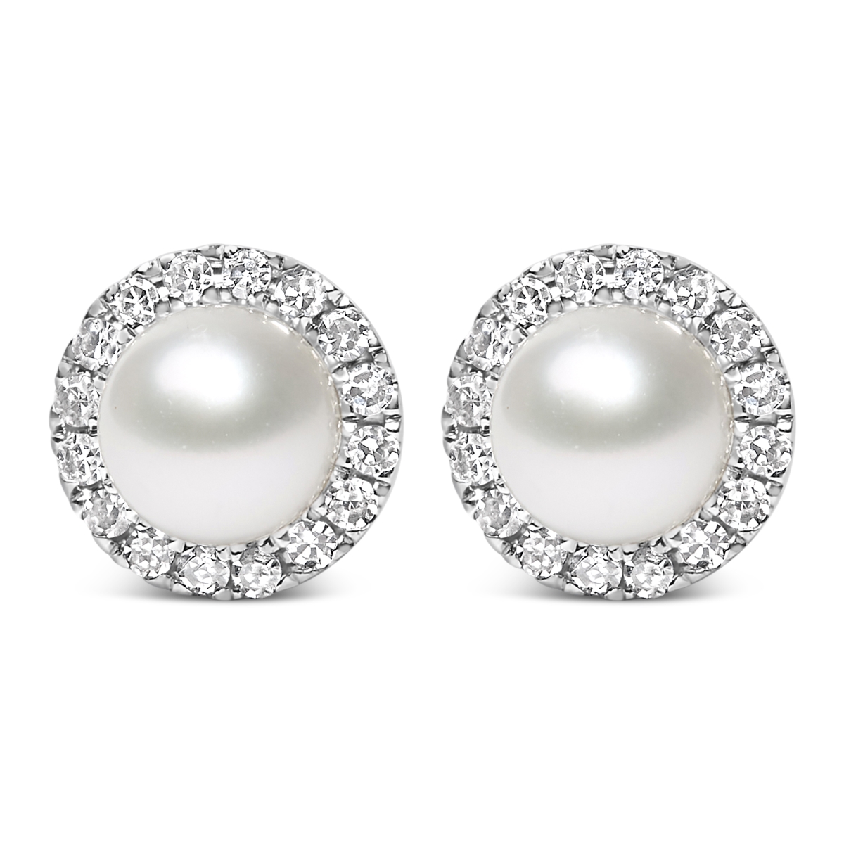 022315EASH 10K White Gold 4.5 mm Cultured Freshwater Pearl & 0.14 CTTW Diamond Halo Stud Earring for Women
