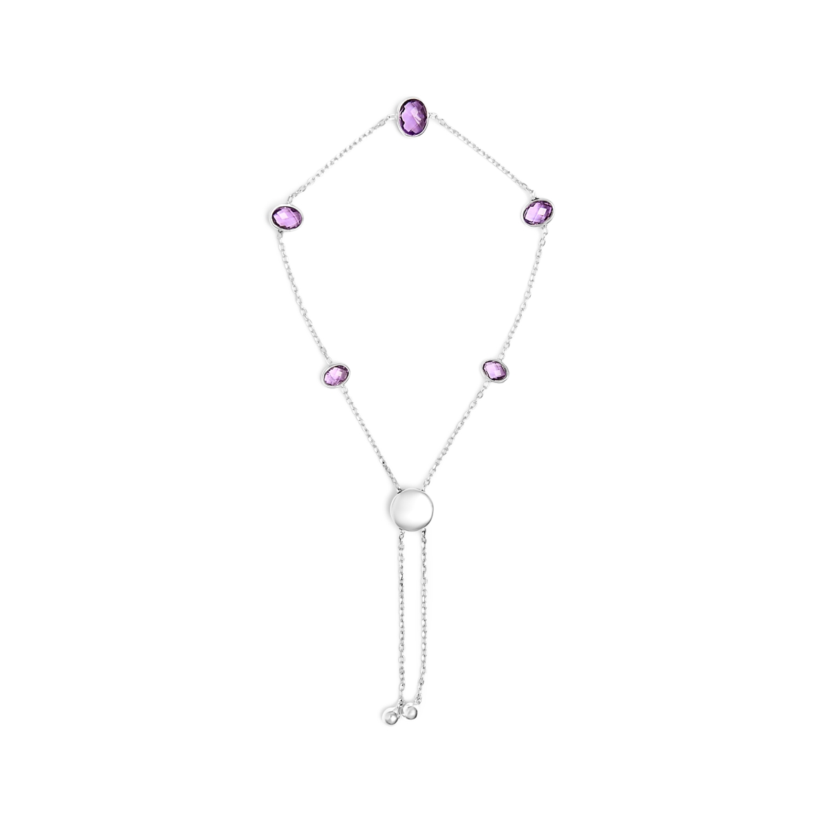 023145BASH 0.925 Sterling Silver Bezel Set Purple Amethyst 5 Station Adjustable Bolo Bracelet for Women