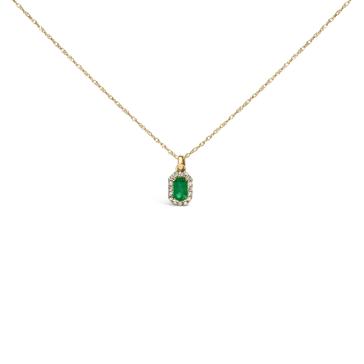 022525NASH 18 in. 10K Yellow Gold 5 x 3 mm Green Emerald & Diamond Accent Halo Octagonal Shape Pendant Necklace for Women