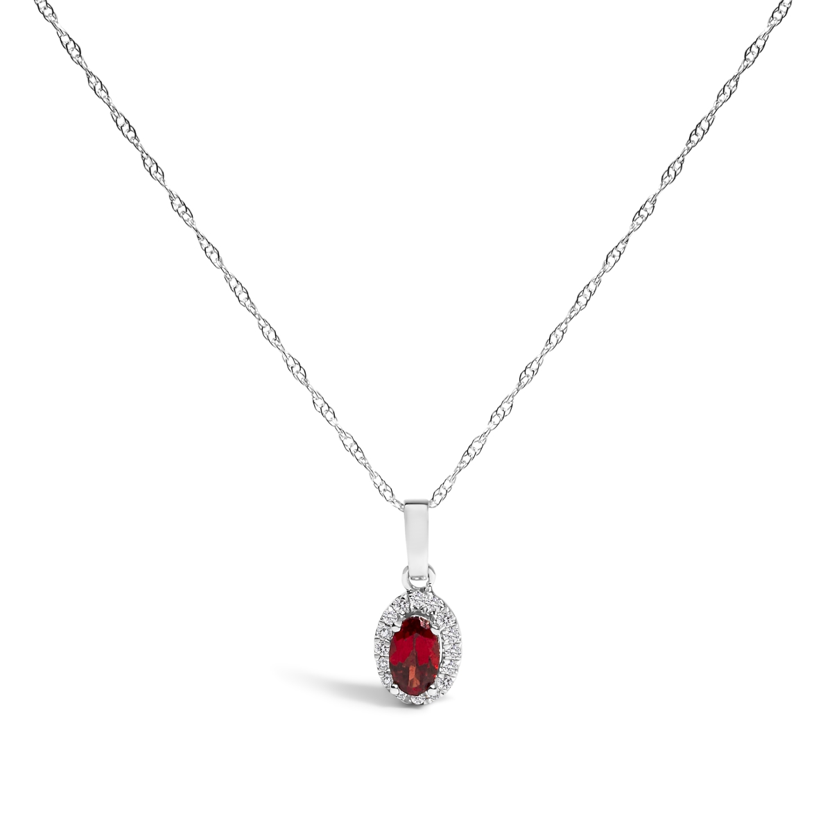 022527NASH 18 in. 10K White Gold 5 x 3 mm Red Garnet & Diamond Accent Halo Oval Shape Pendant Necklace for Women