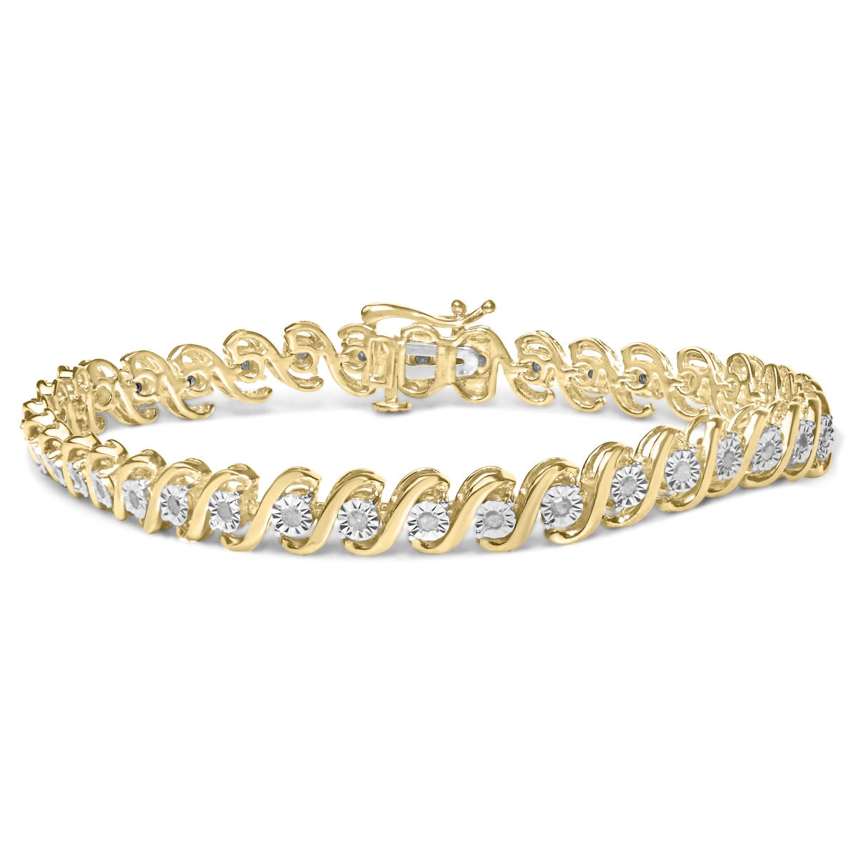 60-7841TDM 7 in. 14K Yellow Gold Plated 0.925 Sterling Silver 0.5 CTTW Round Miracle Set Diamond S-Curve Tennis Bracelet for Women