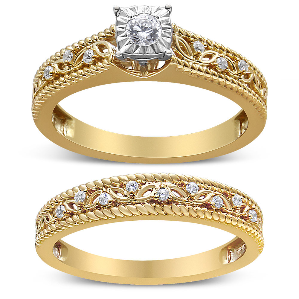 019213R700 14K Yellow Gold Plated 0.925 Sterling Silver 0.2 CTTW Diamond Art Deco Style Engagement Ring Bridal Set for Women - Size 7