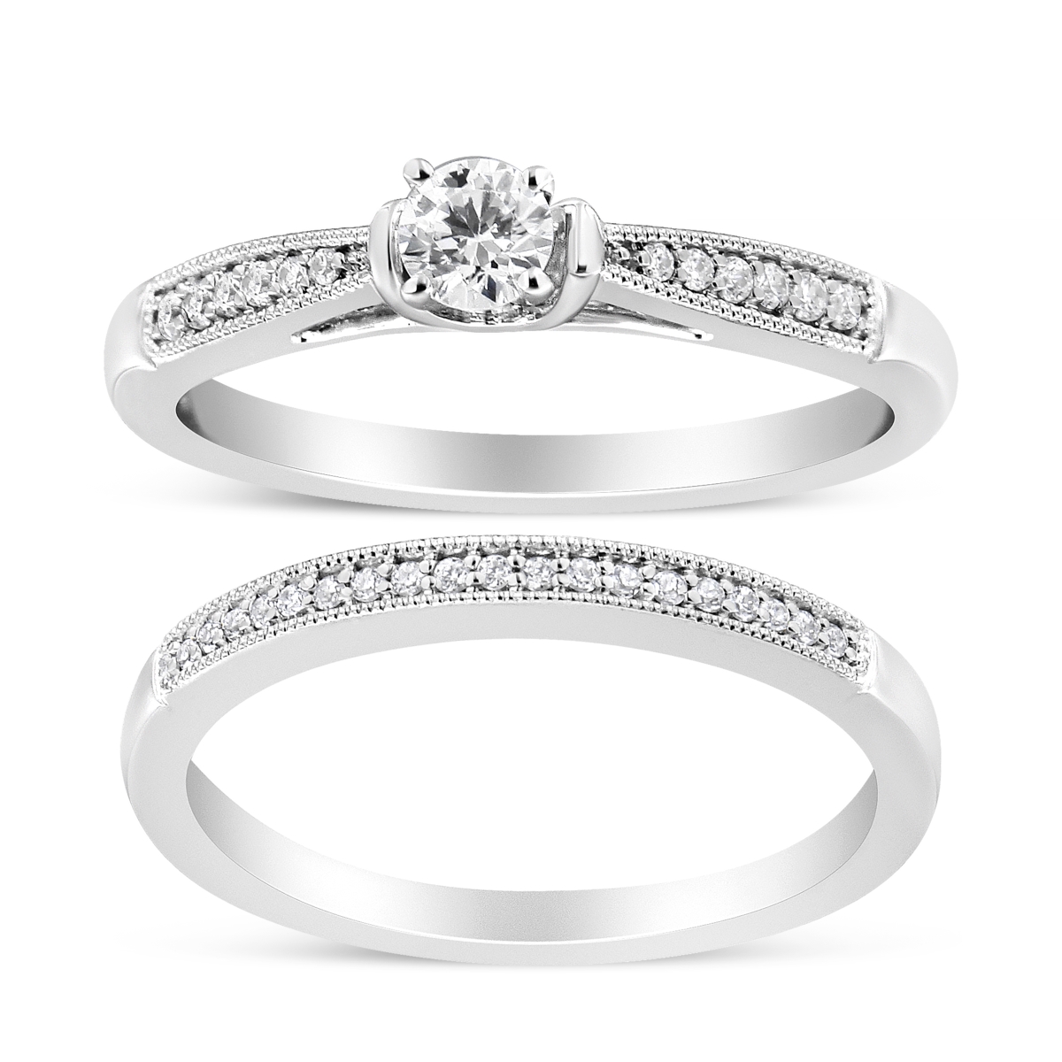 019218R700 0.925 Sterling Silver 0.33 CTTW Diamond Classic Engagement Ring Bridal Set with Milgrain for Women - Size 7