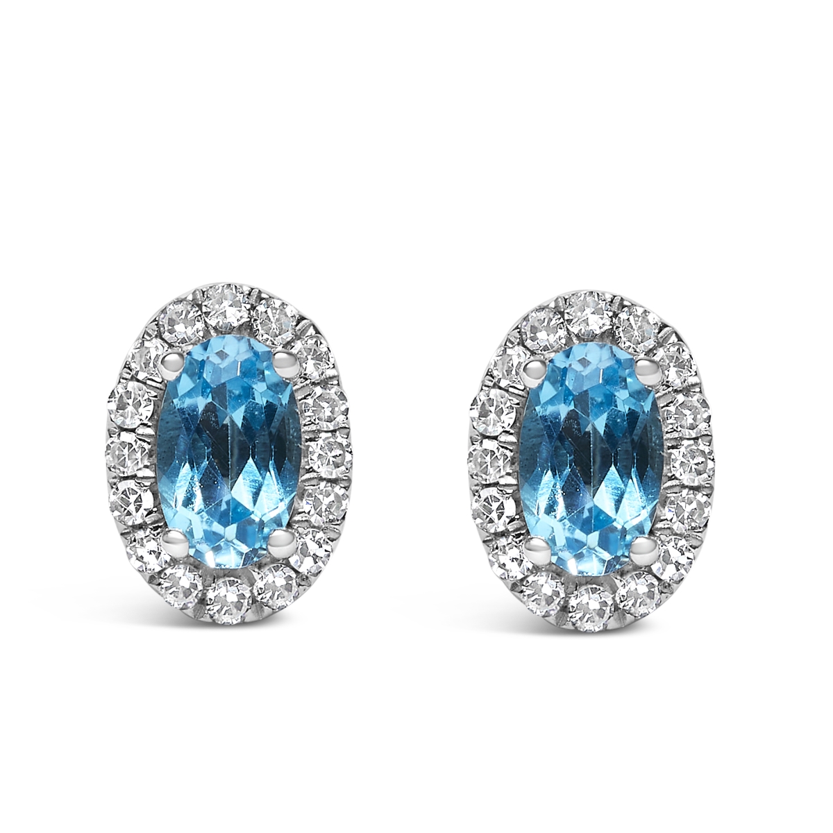 022324EASH 10K White Gold 5 x 3 mm Oval Blue Topaz & Diamond Halo Stud Earrings for Women