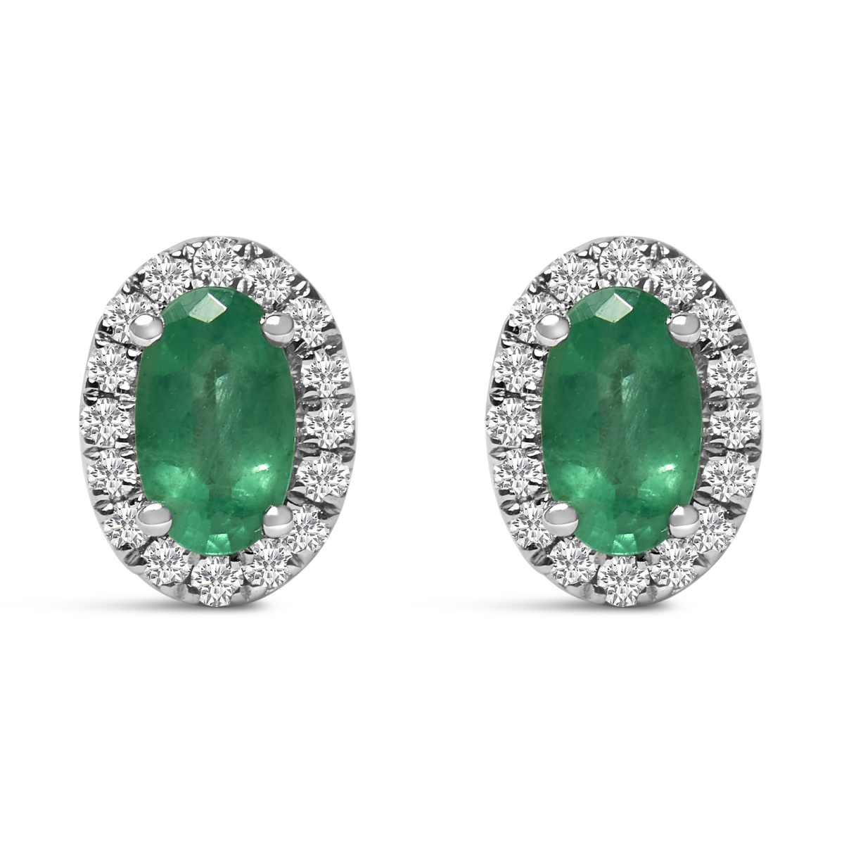 022326EASH 10K White Gold 5 x 3 mm Oval Green Emerald & Diamond Halo Stud Earrings for Women