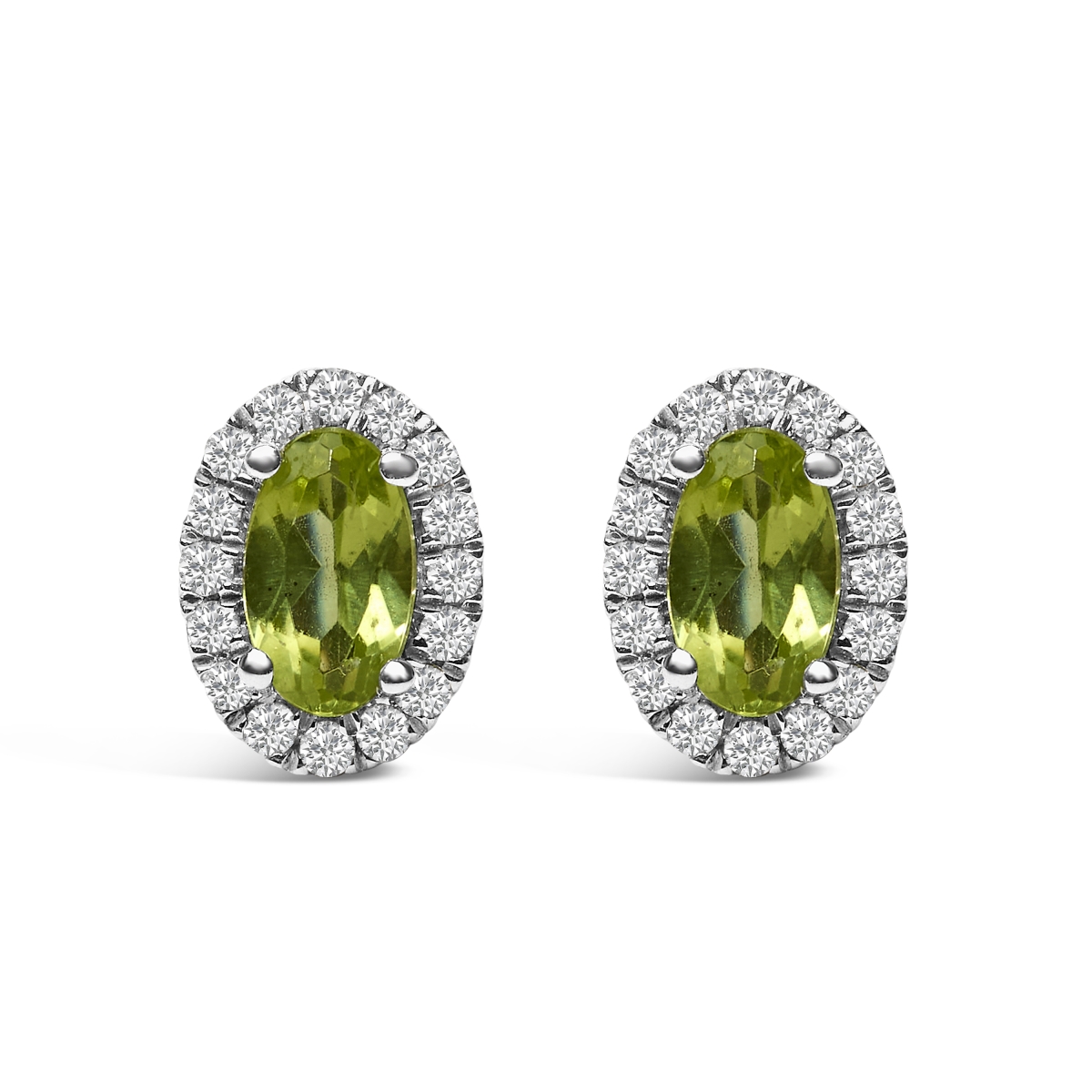 022329EASH 10K White Gold 5 x 3 mm Oval Green Peridot & Diamond Halo Stud Earrings for Women