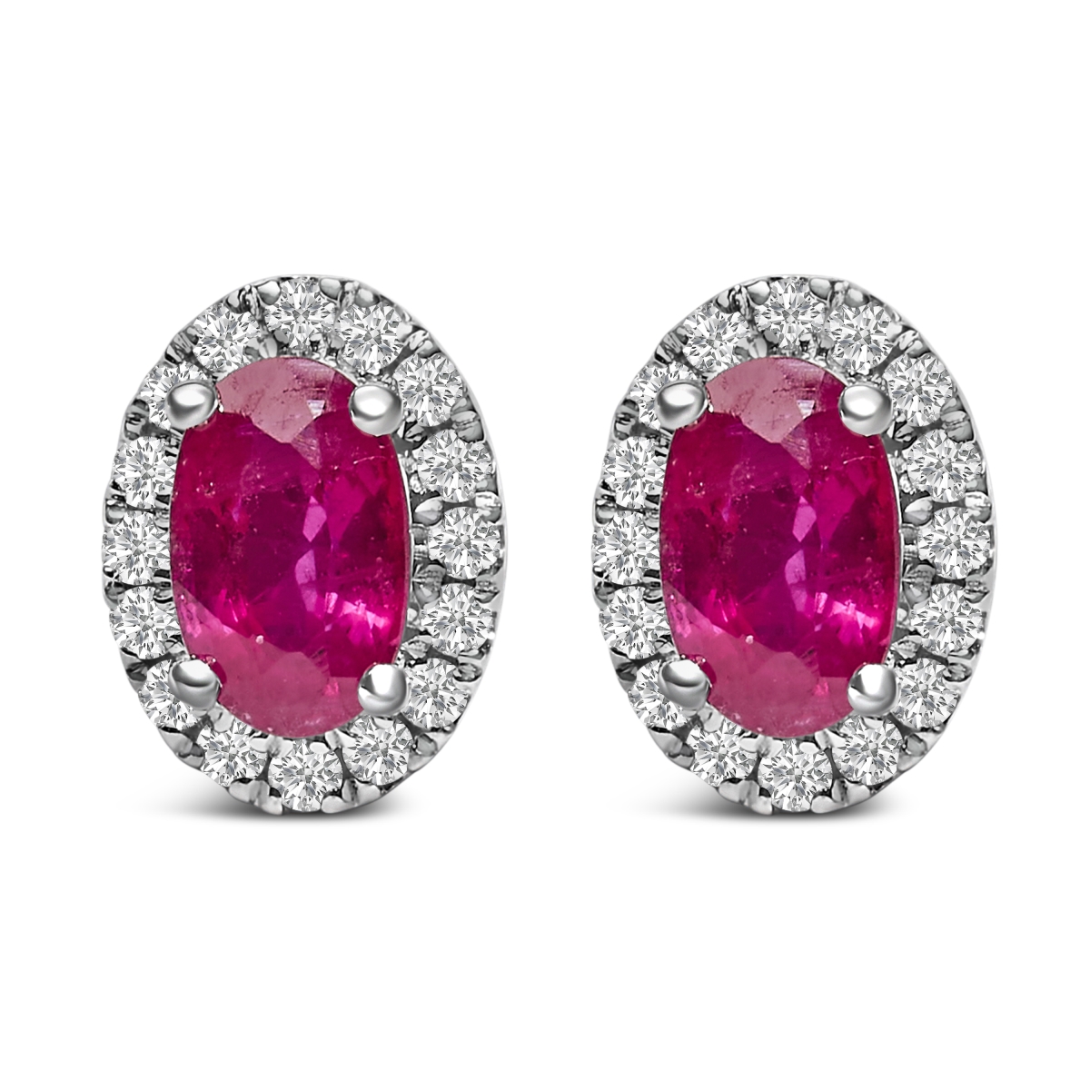 022331EASH 10K White Gold 5 x 3 mm Oval Red Ruby & Diamond Halo Stud Earrings for Women