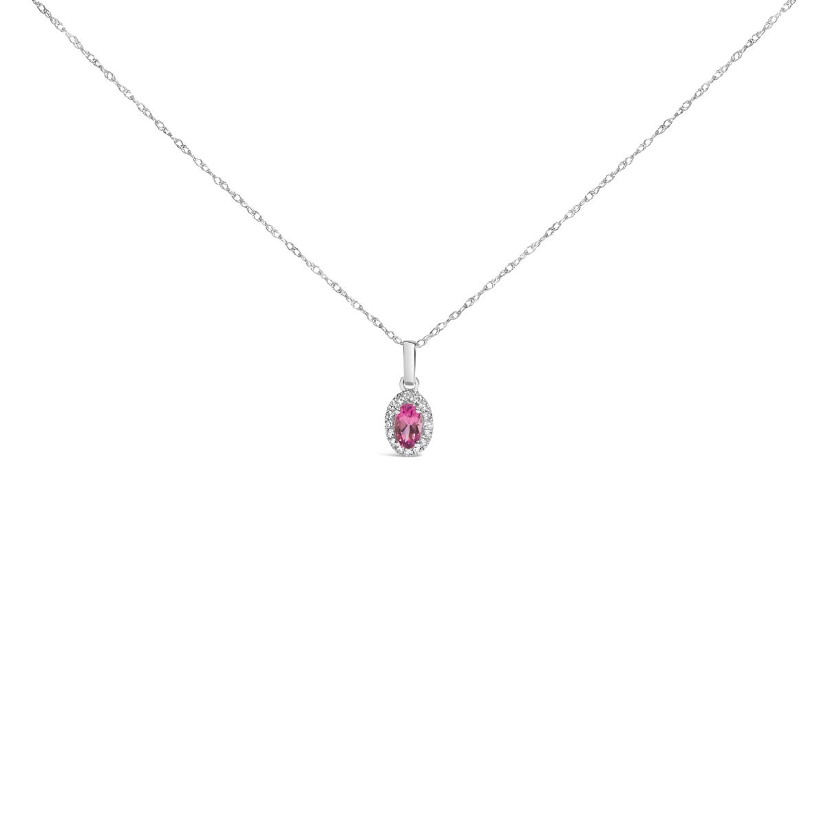 022534NASH 18 in. 10K White Gold 5 x 3 mm Pink Tourmaline & Diamond Accent Halo Oval Shape Pendant Necklace for Women