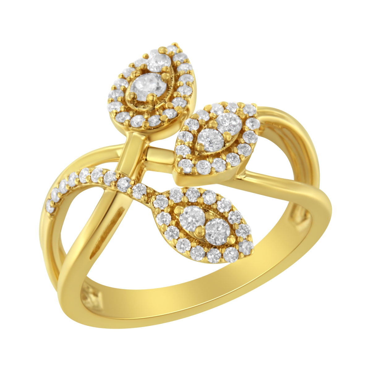 022782R100 10k Gold 0.5 Carat Round-Cut Diamond Layered Crossover Triple Leaf Bypass Ring, Yellow - Size 10