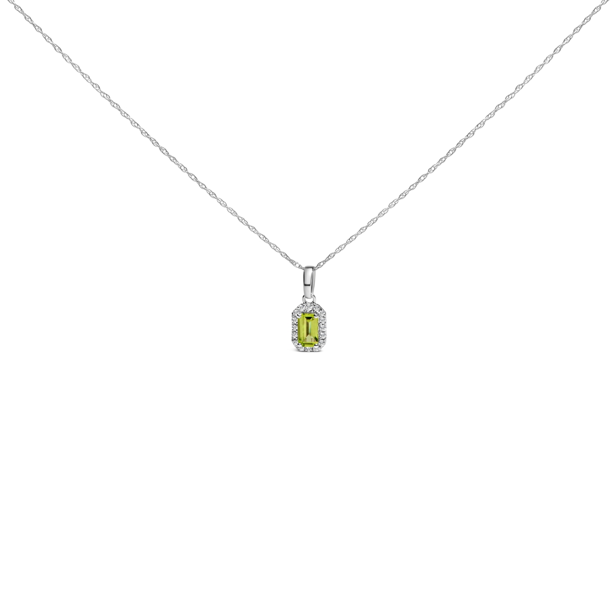 022529NASH 18 in. 10K White Gold 5 x 3 mm Yellow Peridot & Diamond Accent Halo Octagonal Shape Pendant Necklace for Women