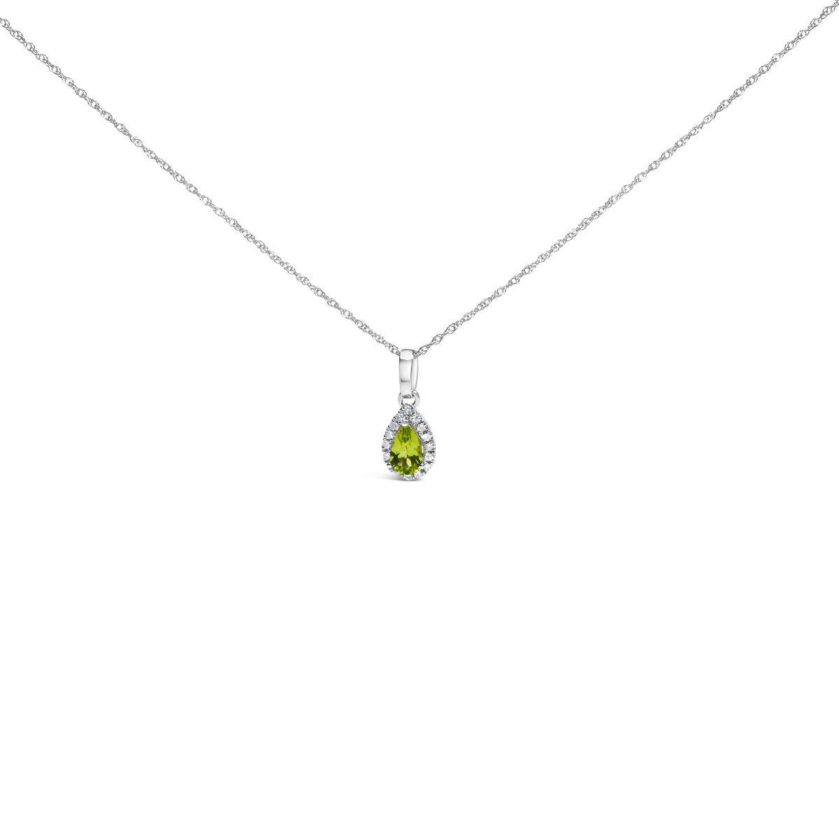 022531NASH 18 in. 10K White Gold 5 x 3 mm Yellow Peridot & Diamond Accent Halo Pear Shape Pendant Necklace for Women