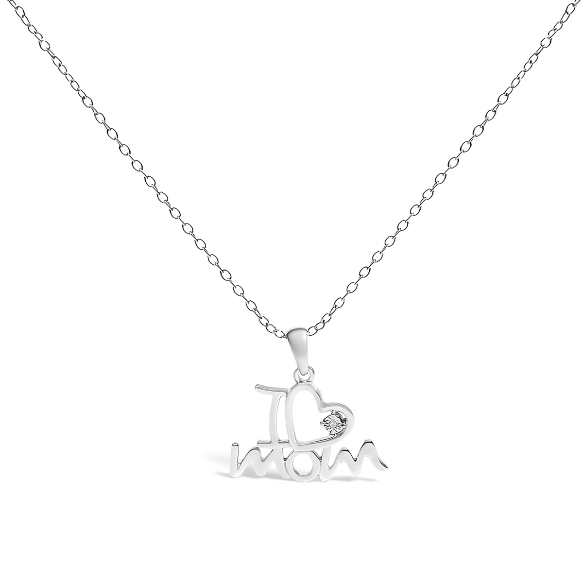 023077NS19 18 in. 0.925 Sterling Silver Diamond Accent I Love Mom Heart Pendant Necklace for Women