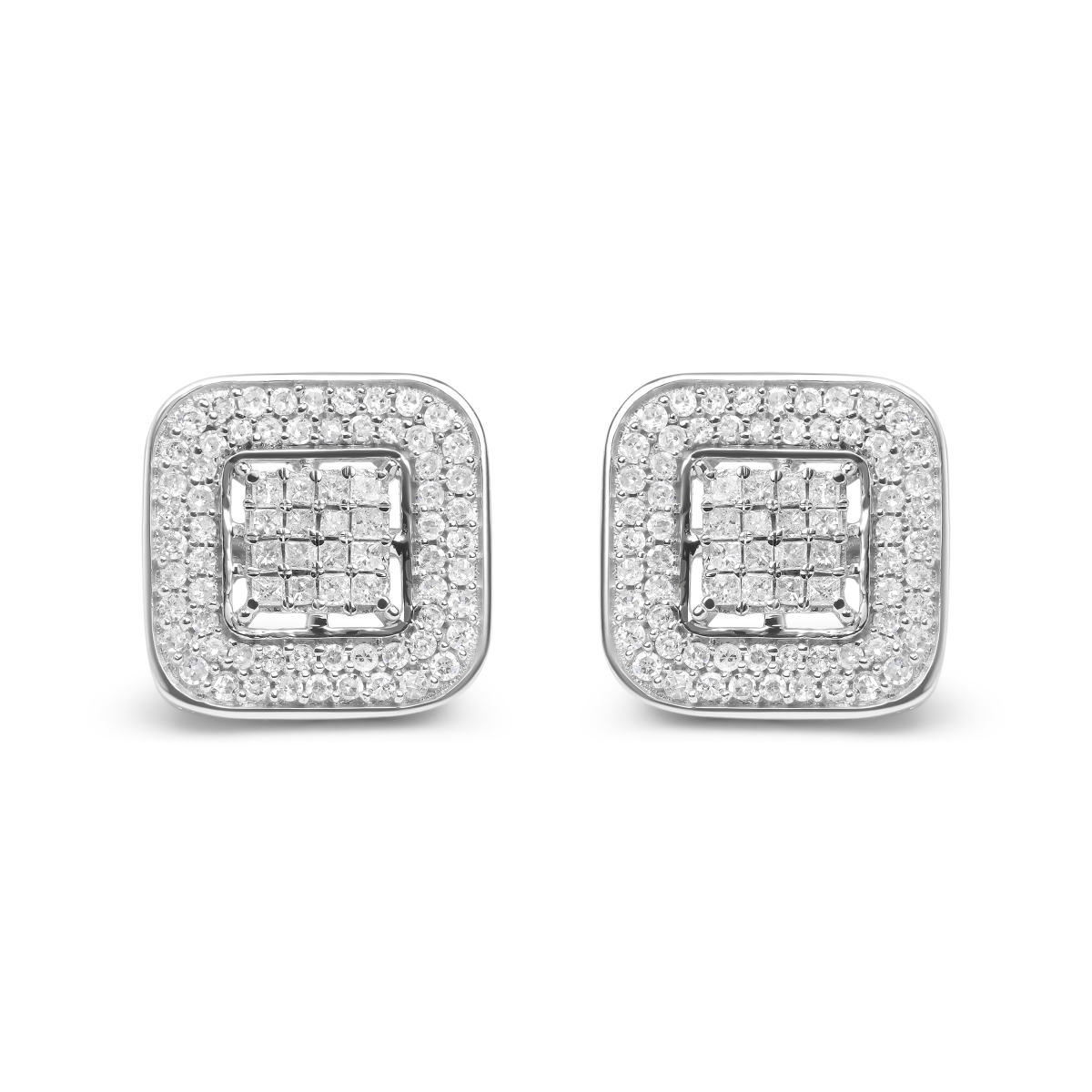 71-7643WDM 10K White Gold 1.0 CTTW Round & Princess Cut Diamond Composite Open Halo Stud Earrings for Women