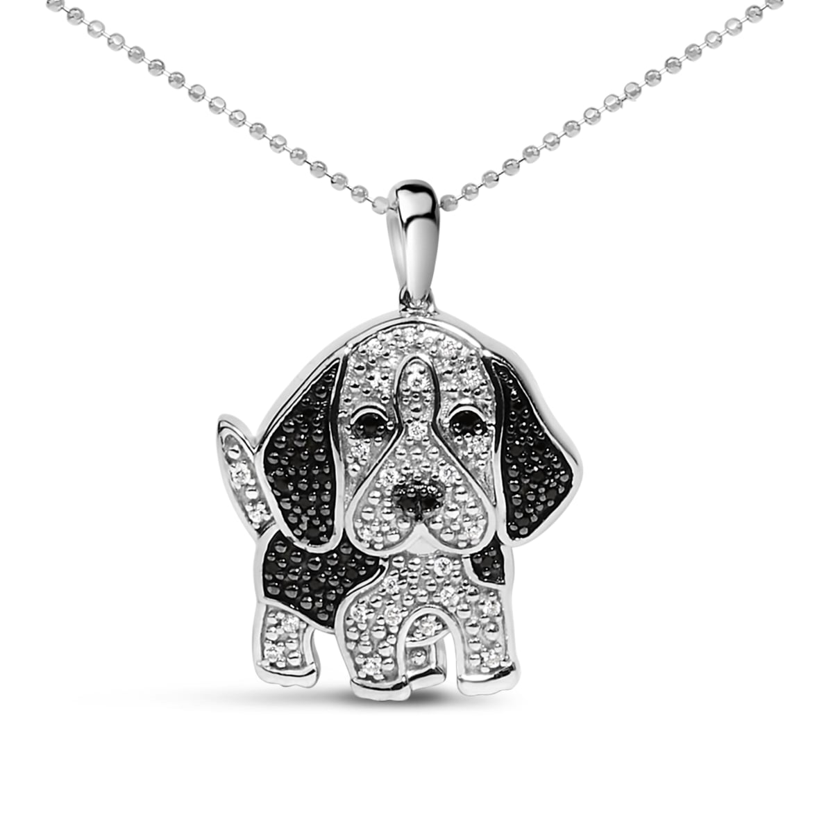 80-7966WBK 18 in. Womens 0.925 Sterling Silver 0.25 CTTW White & Black Diamond Basset Hound Dog Pendant Necklace