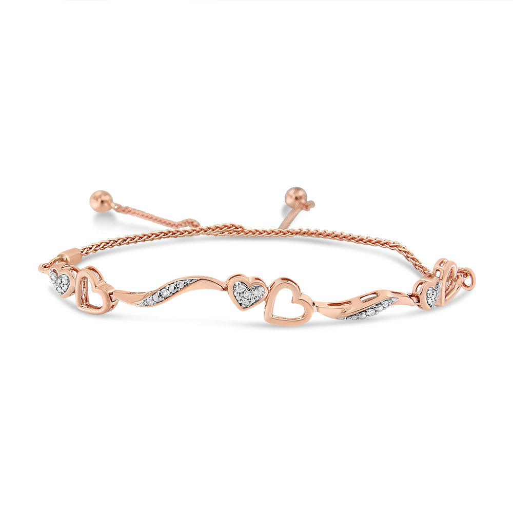 00-2206RDM 14K Rose Gold Plated 0.925 Sterling Silver 0.1 CTTW Diamond Wave & Hearts Adjustable Bolo Bracelet for Women