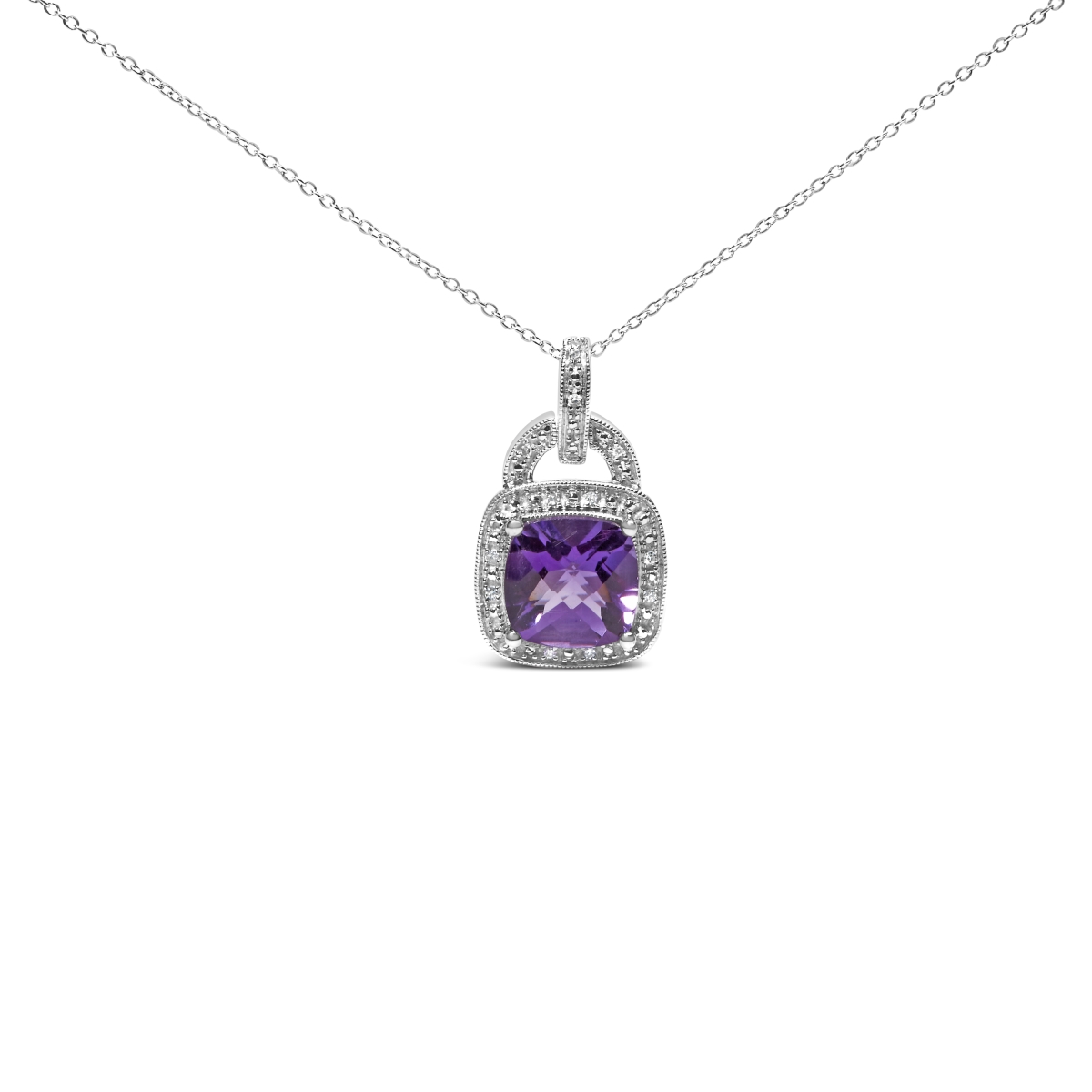 017933NASH 18 in. 10 x 10 mm 0.925 Sterling Silver Cushion Purple Amethyst & Diamond Accent Halo Pendant Necklace - White
