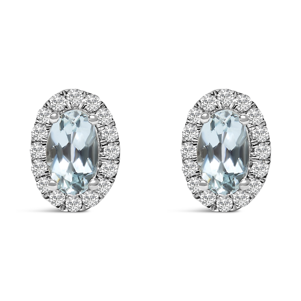 022323EASH 10K White Gold 5 x 3 mm Oval Blue Aquamarine & Diamond Halo Stud Earrings for Women