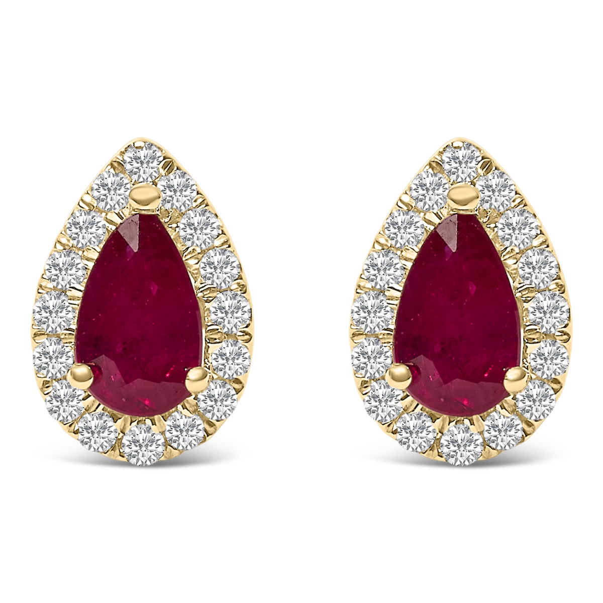022332EASH 10K Yellow Gold 5 x 3 mm Pear Cut Ruby & 0.14 CTTW Diamond Halo Stud Earrings for Women