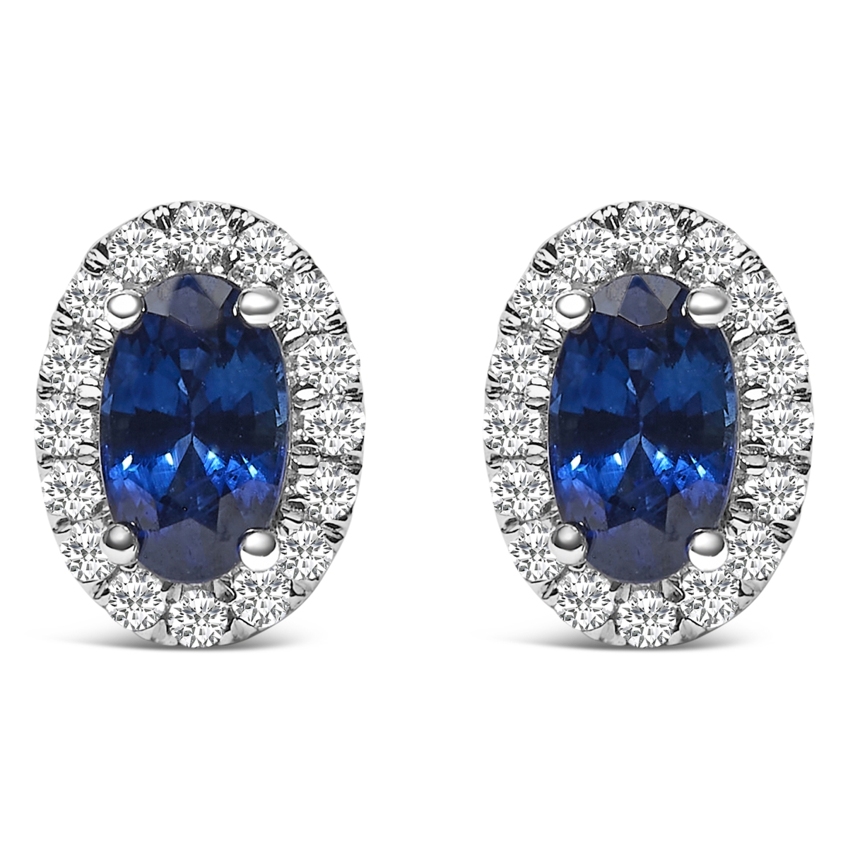 022333EASH 10K White Gold 5 x 3 mm Oval Blue Sapphire & Diamond Halo Stud Earrings for Women
