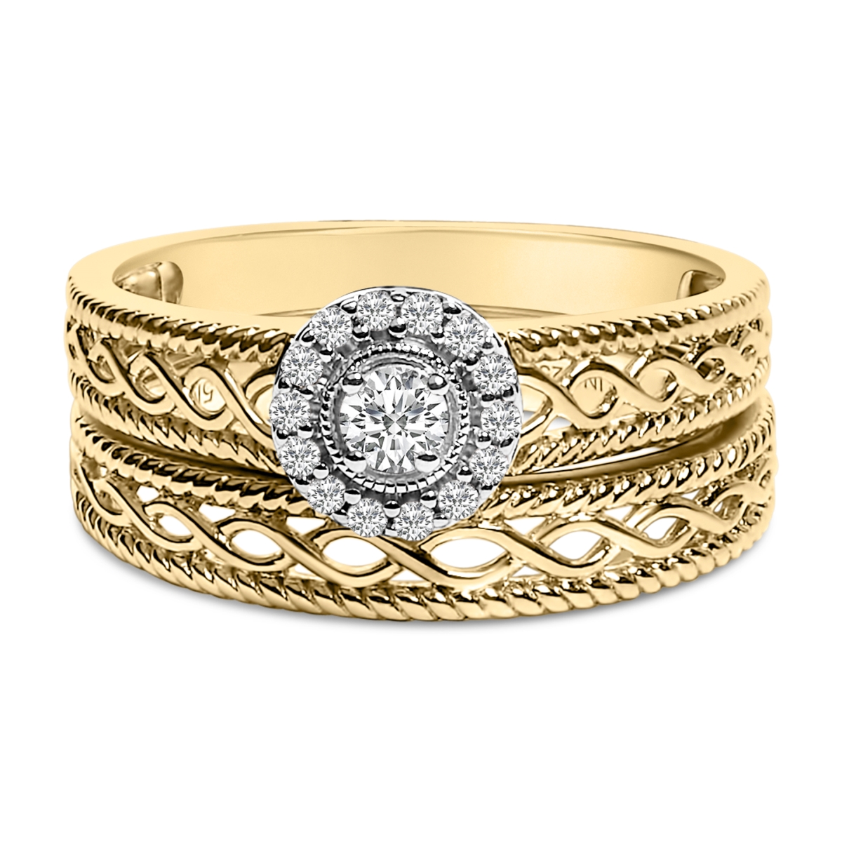 019215R700 14K Yellow Gold Plated 0.925 Sterling Silver 0.2 CTTW Diamond Halo Engagement Ring & Wedding Band Set for Women - Size 7