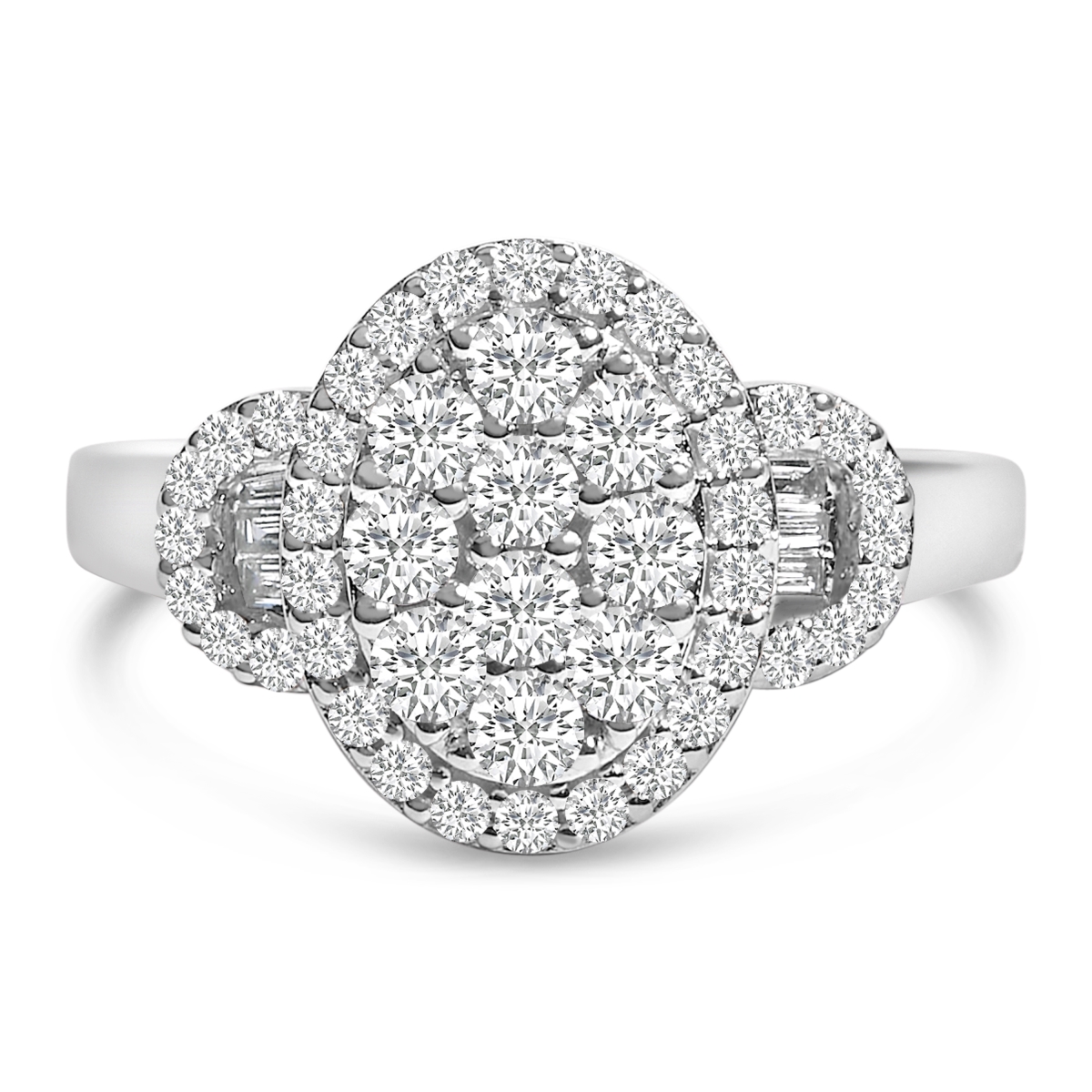 023186R700 10K White Gold 1.0 CTTW Diamond Oval Cluster with Halo Vintage Inspired Art Deco 3 Stone Style Statement Ring for Women - Size 7