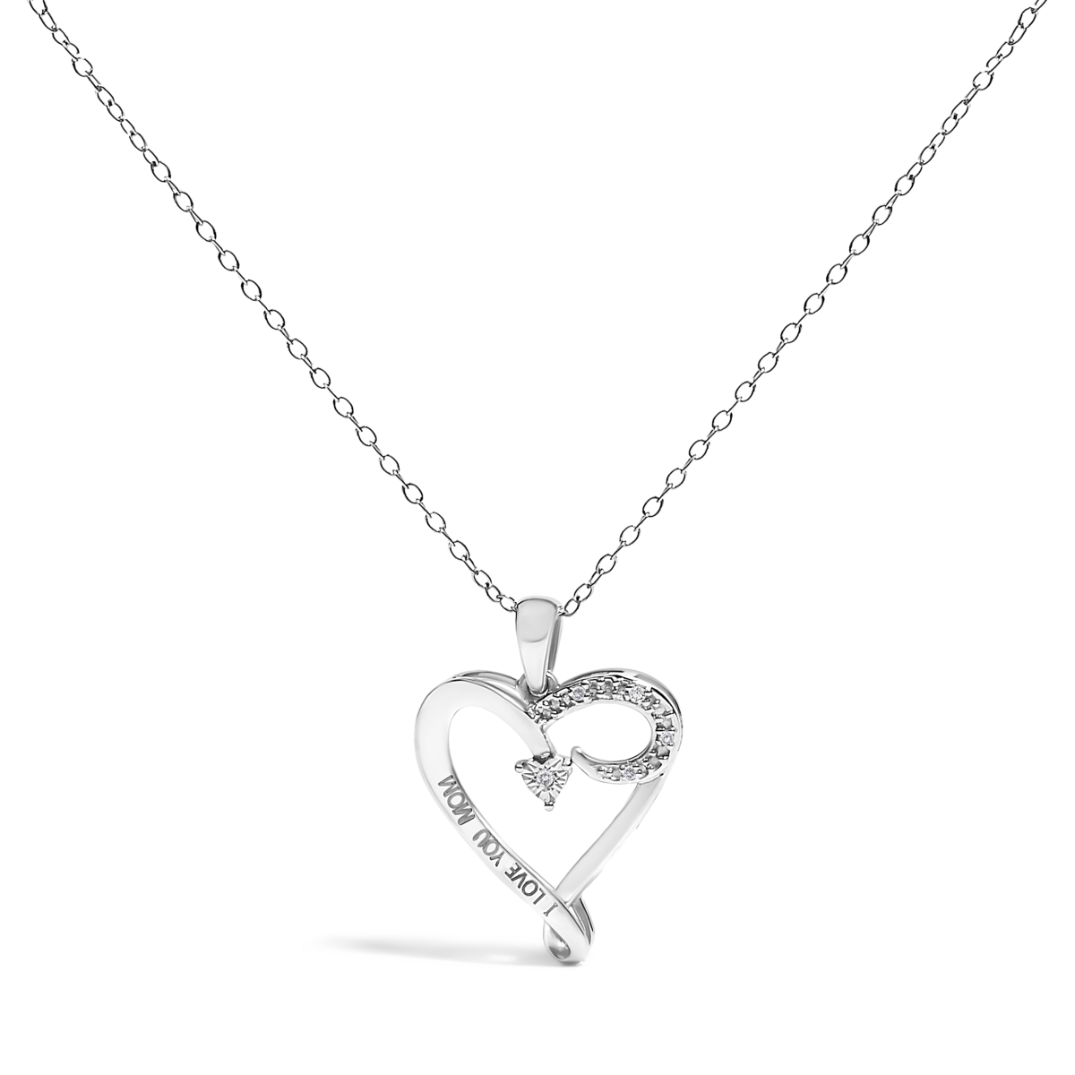 023078NS19 18 in. 0.925 Sterling Silver Diamond Accent I Love You Mom Heart Pendant Necklace for Women