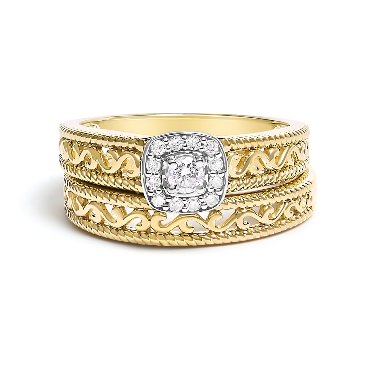 019214R700 14K Yellow Gold Plated 0.925 Sterling Silver 0.2 CTTW Diamond Halo & Milgrain Finish Engagement Ring Bridal Set for Women - Size 7