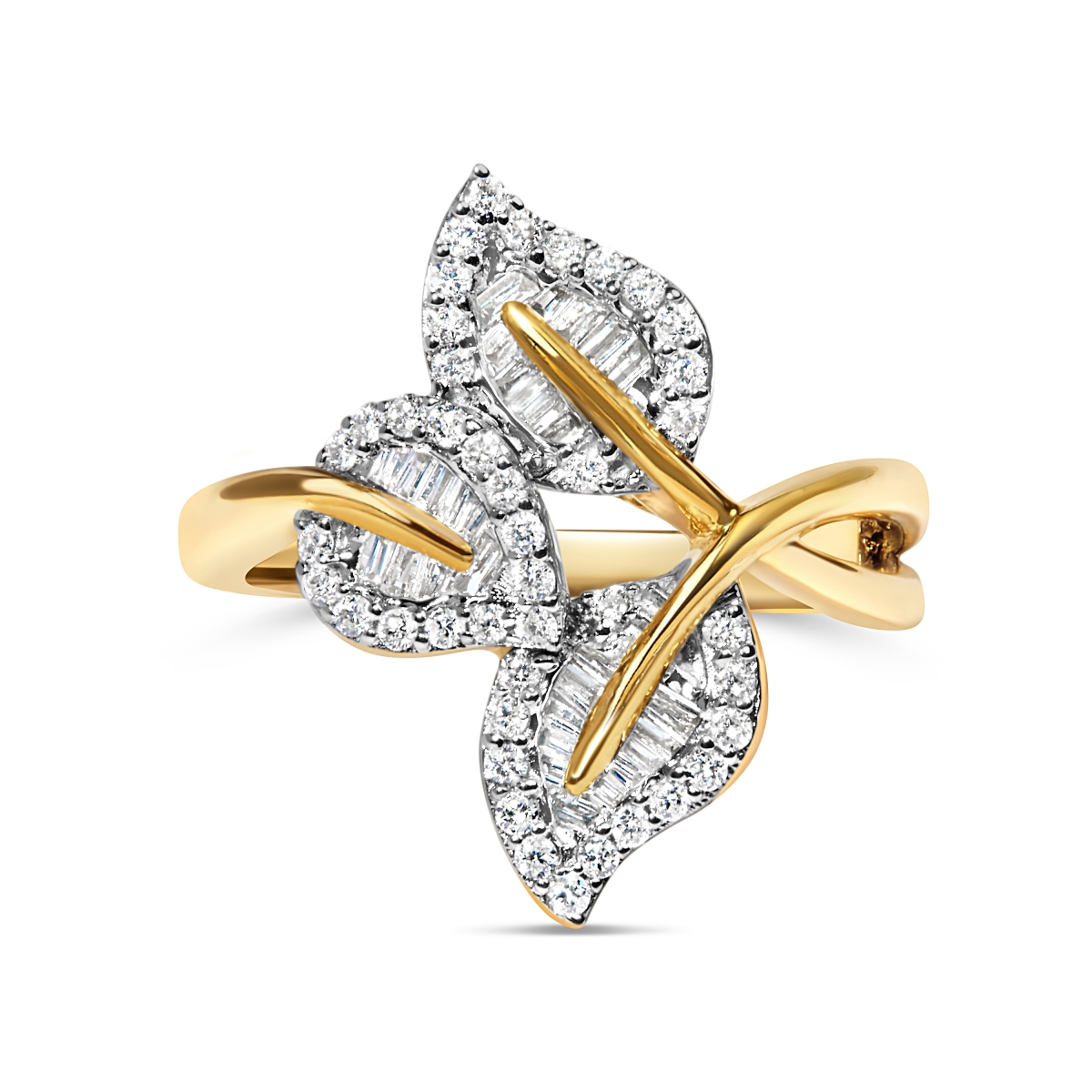 021979R700 18K Yellow Gold Plated 0.925 Sterling Silver 0.5 CTTW Baguette & Round Diamond Bypass Triple Leaf Ring for Women - Size 7