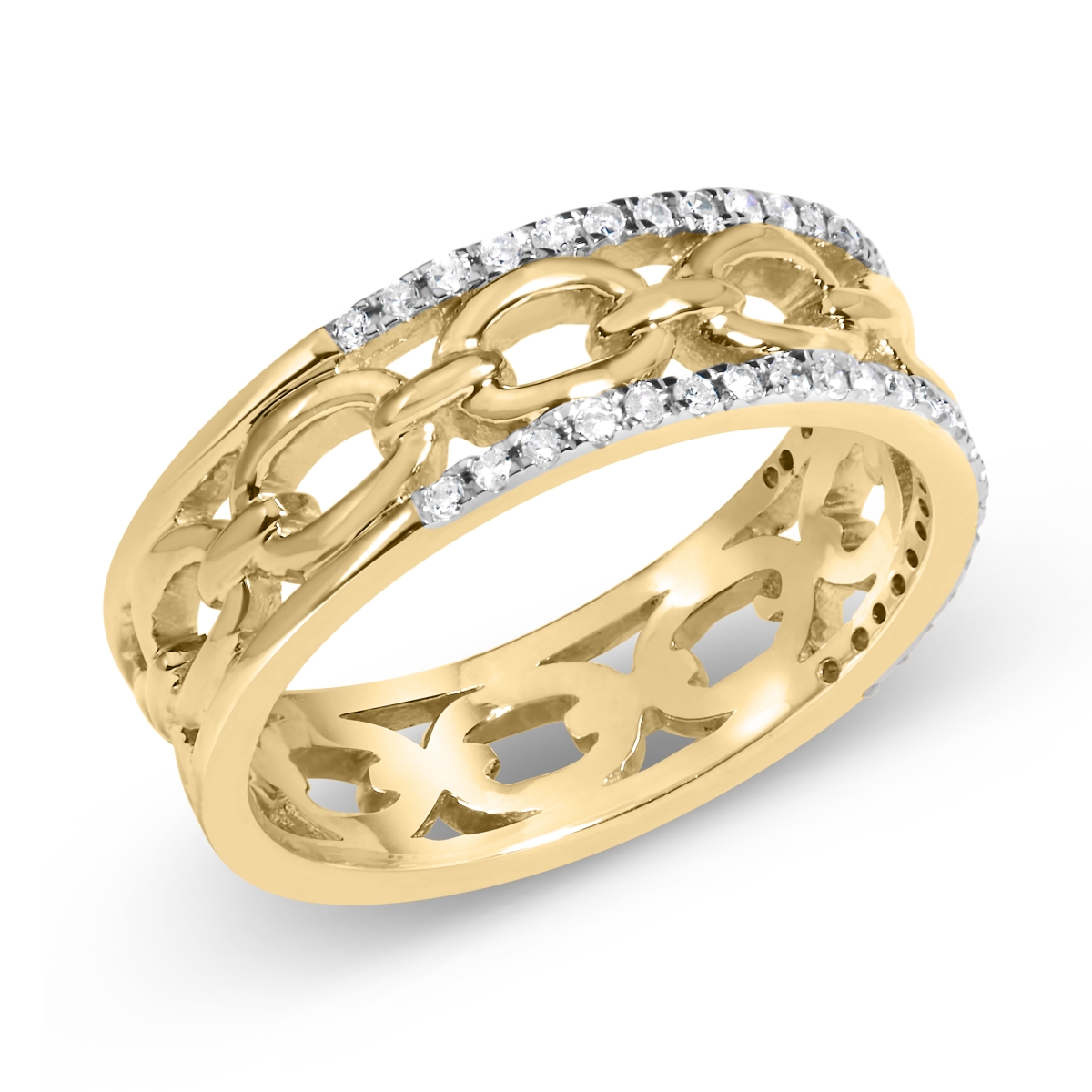 021063R700 10K Yellow Gold 0.2 CTTW Diamond Two Row Cuban Link Ring for Women - Size 7