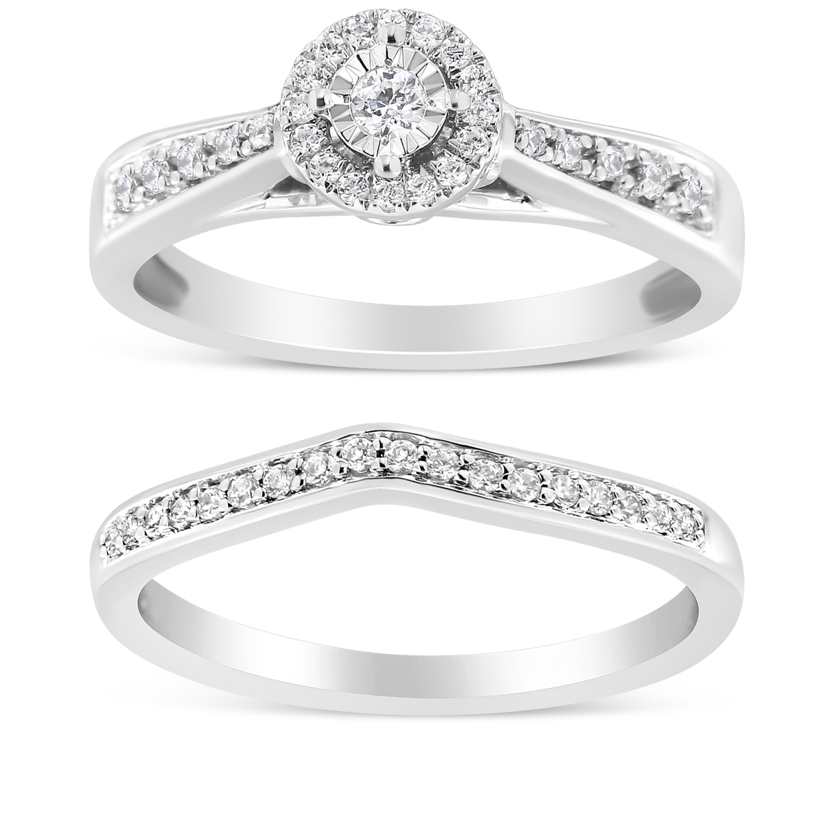 019217R700 0.925 Sterling Silver 0.33 Carat Diamond Halo & Pave Shank Engagement Ring Set, White - Size 7