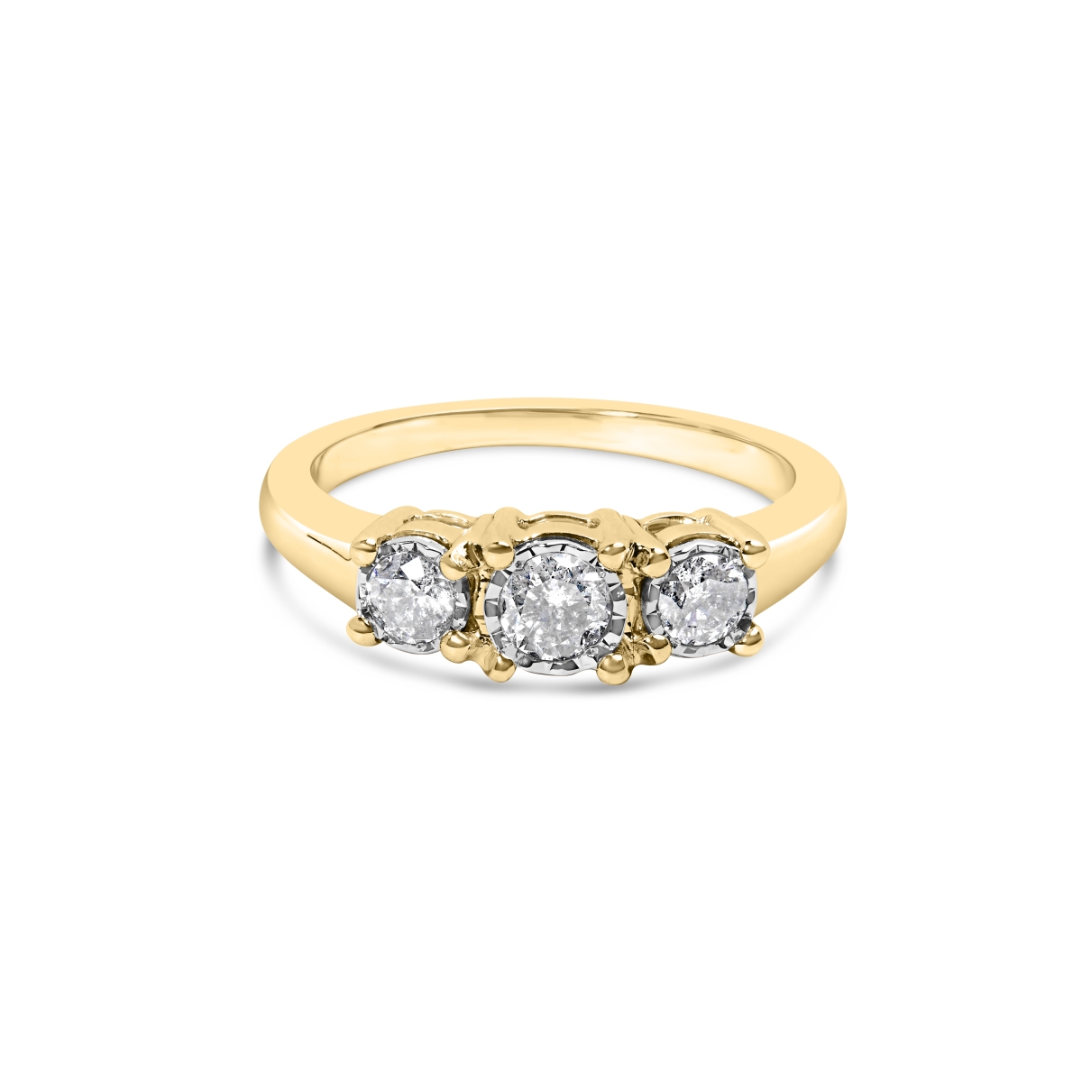 019641R700 10K Yellow Gold 0.5 CTTW Miracle Set Round Diamond Three Stone Illusion Plate Ring for Women - Size 7