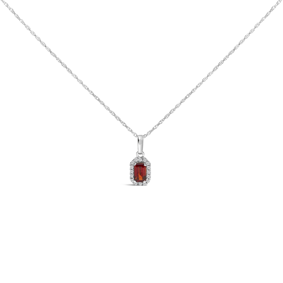 022526NASH 18 in. 10K White Gold 5 x 3 mm Red Garnet & Diamond Accent Halo Octagonal Shape Pendant Necklace for Women