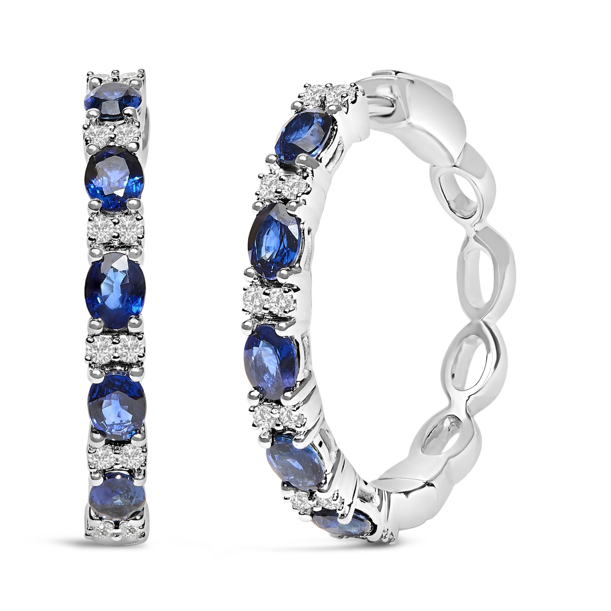 022318EASH 14K White Gold 4 x 3 mm Oval Blue Sapphire & 0.25 CTTW Diamond Alternating Hoop Earring for Women