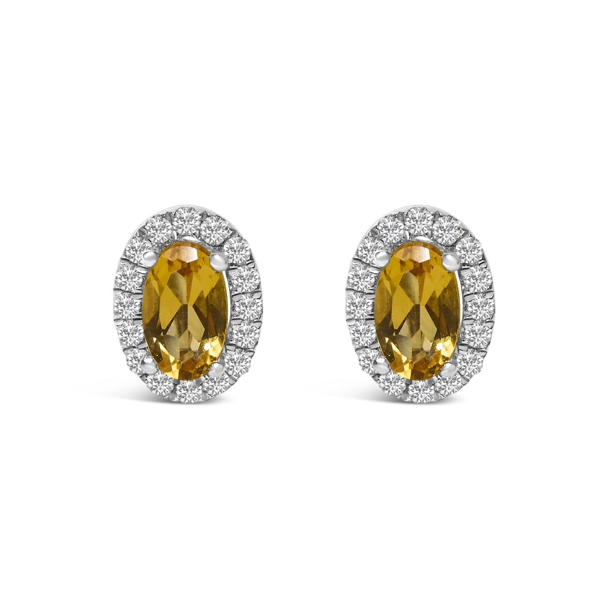 022325EASH 10K White Gold 5 x 3 mm Oval Yellow Citrine & Diamond Halo Stud Earrings for Women