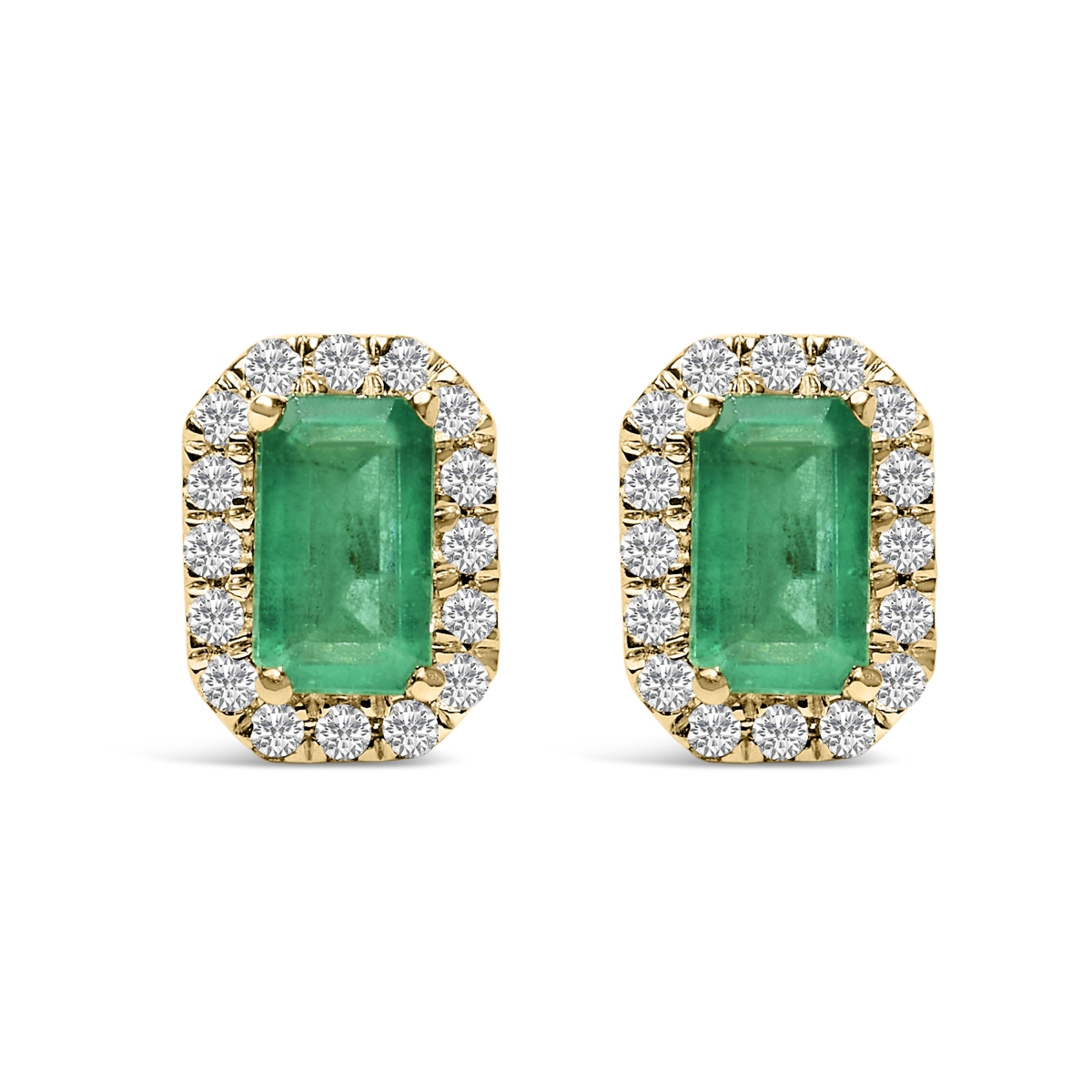 022327EASH 10K Yellow Gold 5 x 3 mm Emerald Cut Green Emerald & 0.14 CTTW Diamond Halo Octagonal Stud Earrings for Women