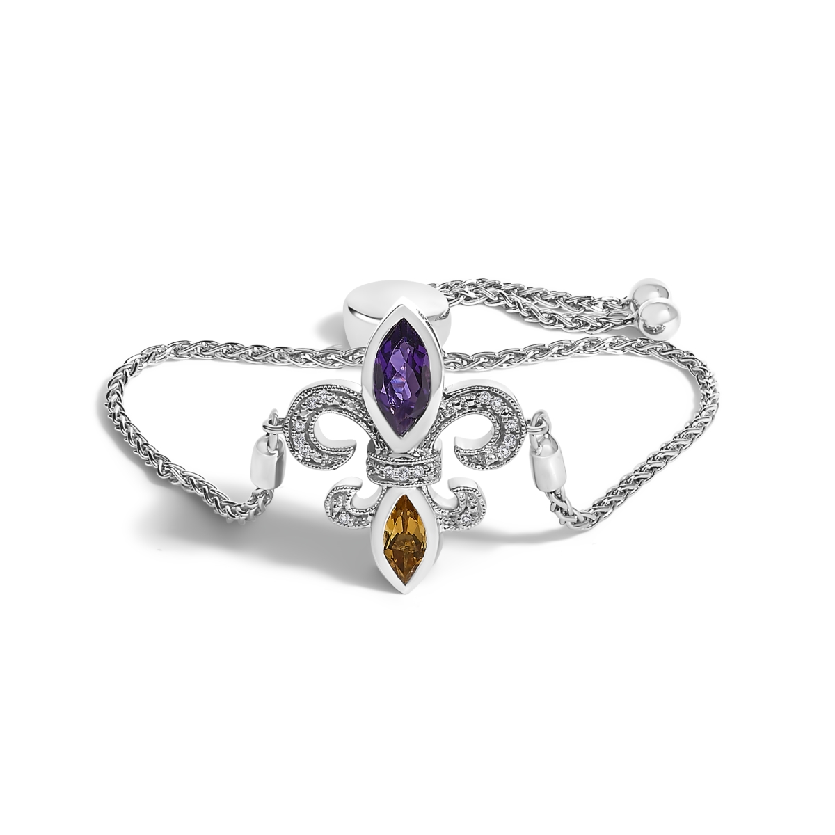 023135BASH 4-10 in. 0.925 Sterling Silver Marquise Purple Amethyst, Orange Citrine & Diamond Accent Lariat Adjustable Bolo Bracelet for Women